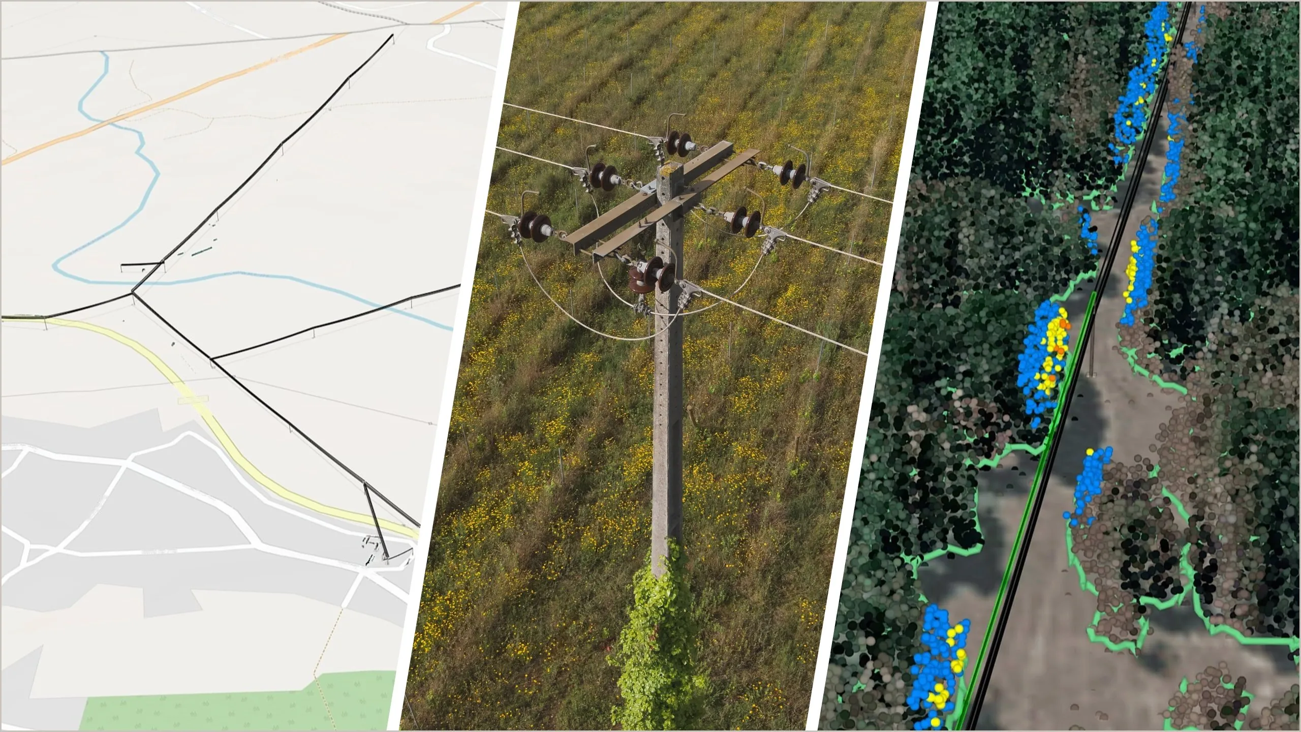 Three views of the same span: a GIS basemap tracing the line across roads and parcels, an aerial photograph of a pole with its crossarms and insulators standing in open grassland, and a classified LiDAR point cloud with vegetation encroachment picked out along the conductors